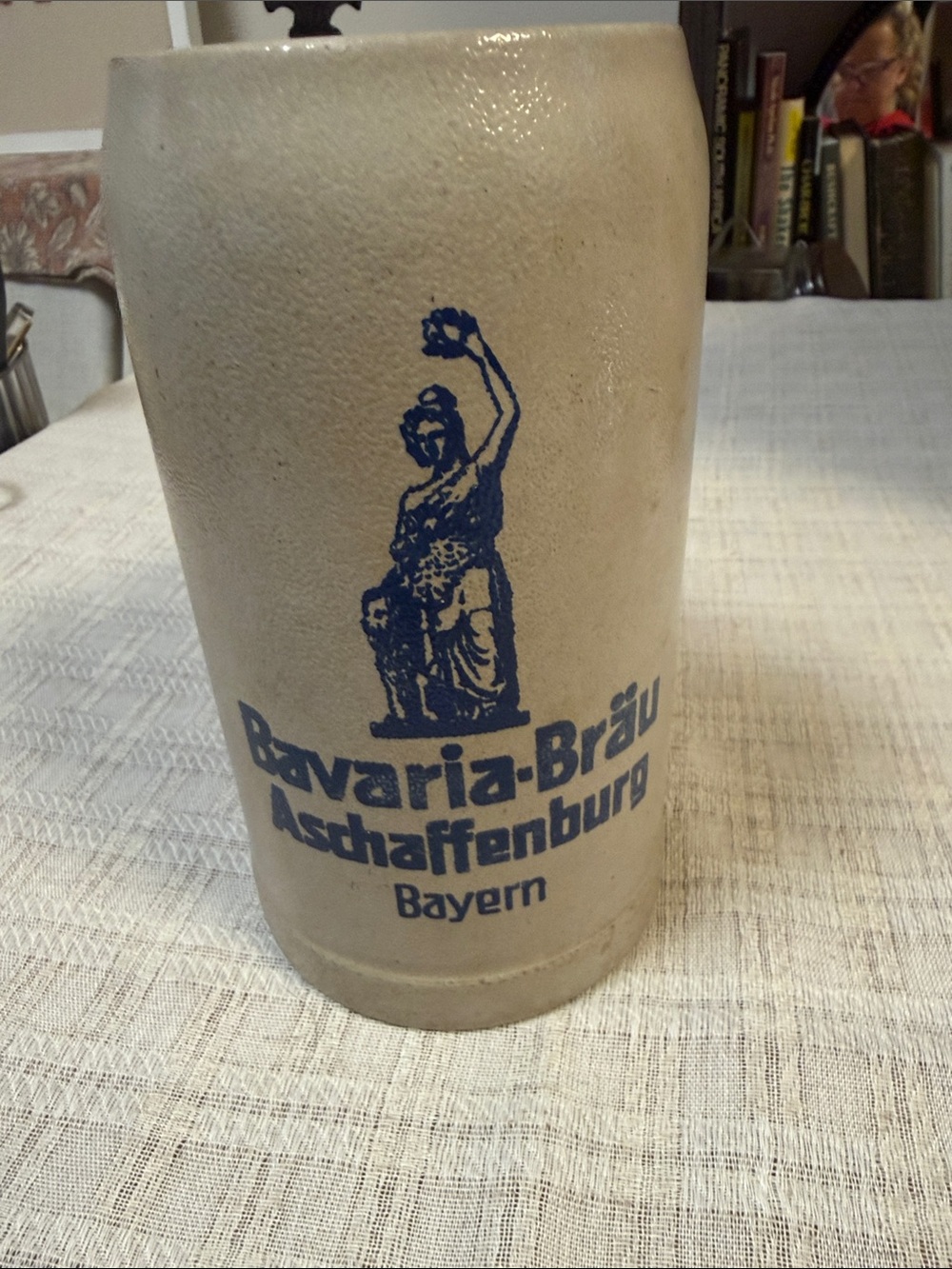Aschaffenburg Beige Ceramic Beer Stein with Blue Print